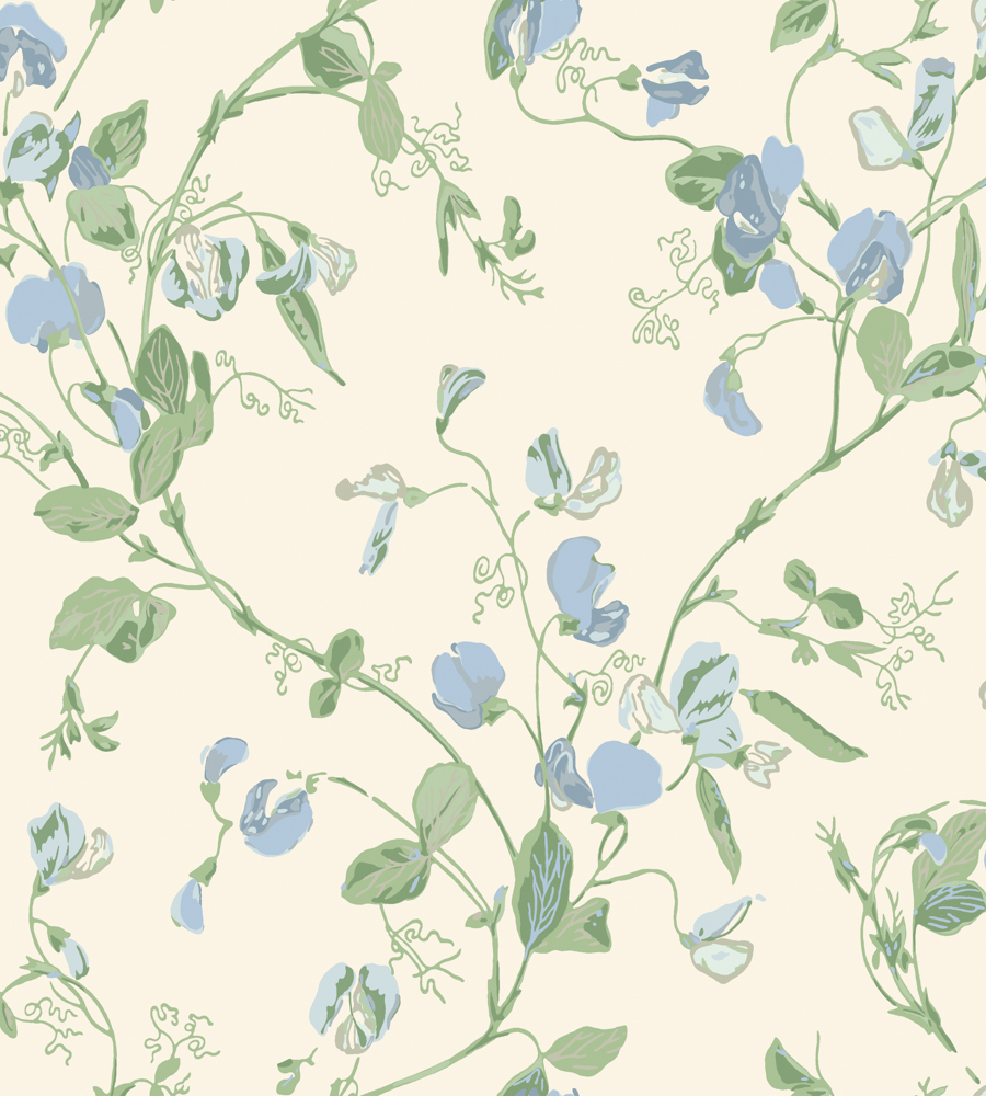 Sweet Pea - Cerulean Sky & Sage on White wallpaper