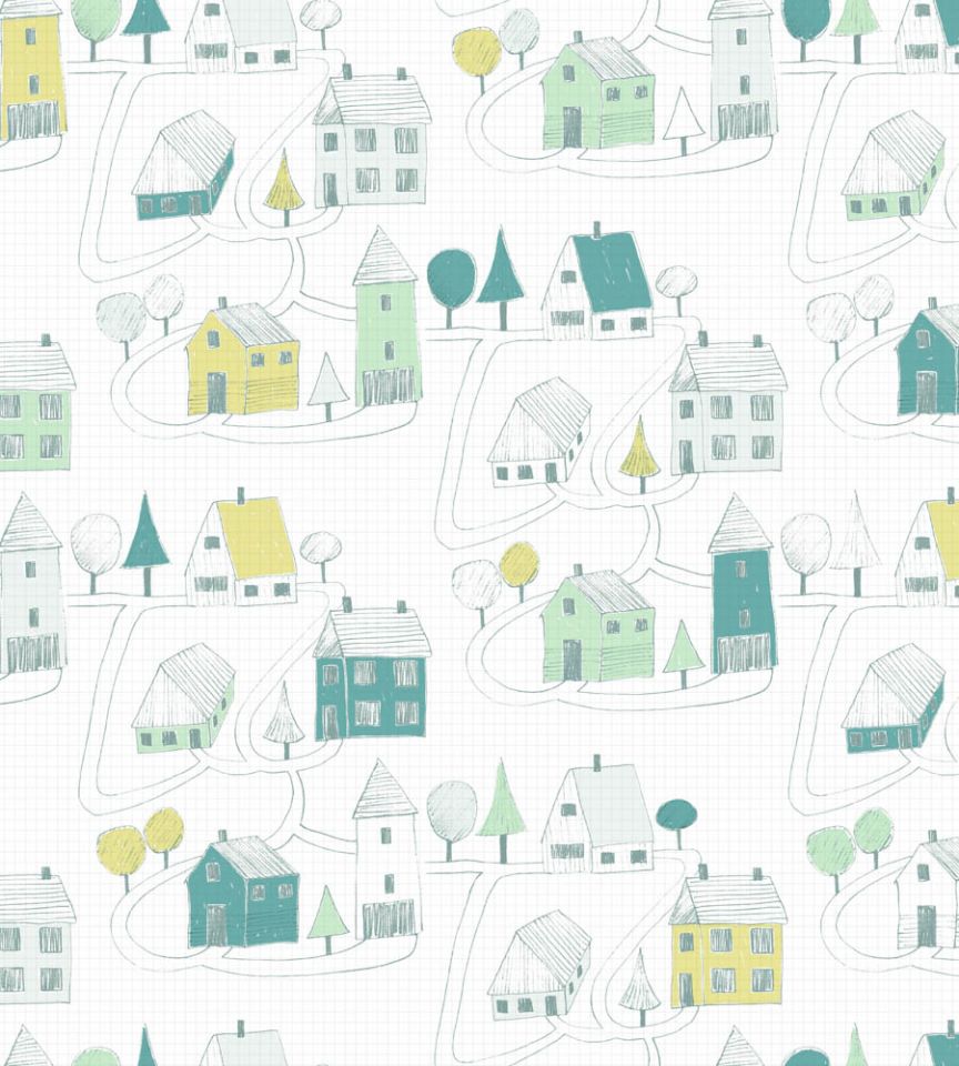 Small Village Vert Fabric Happy Dreams Casadeco